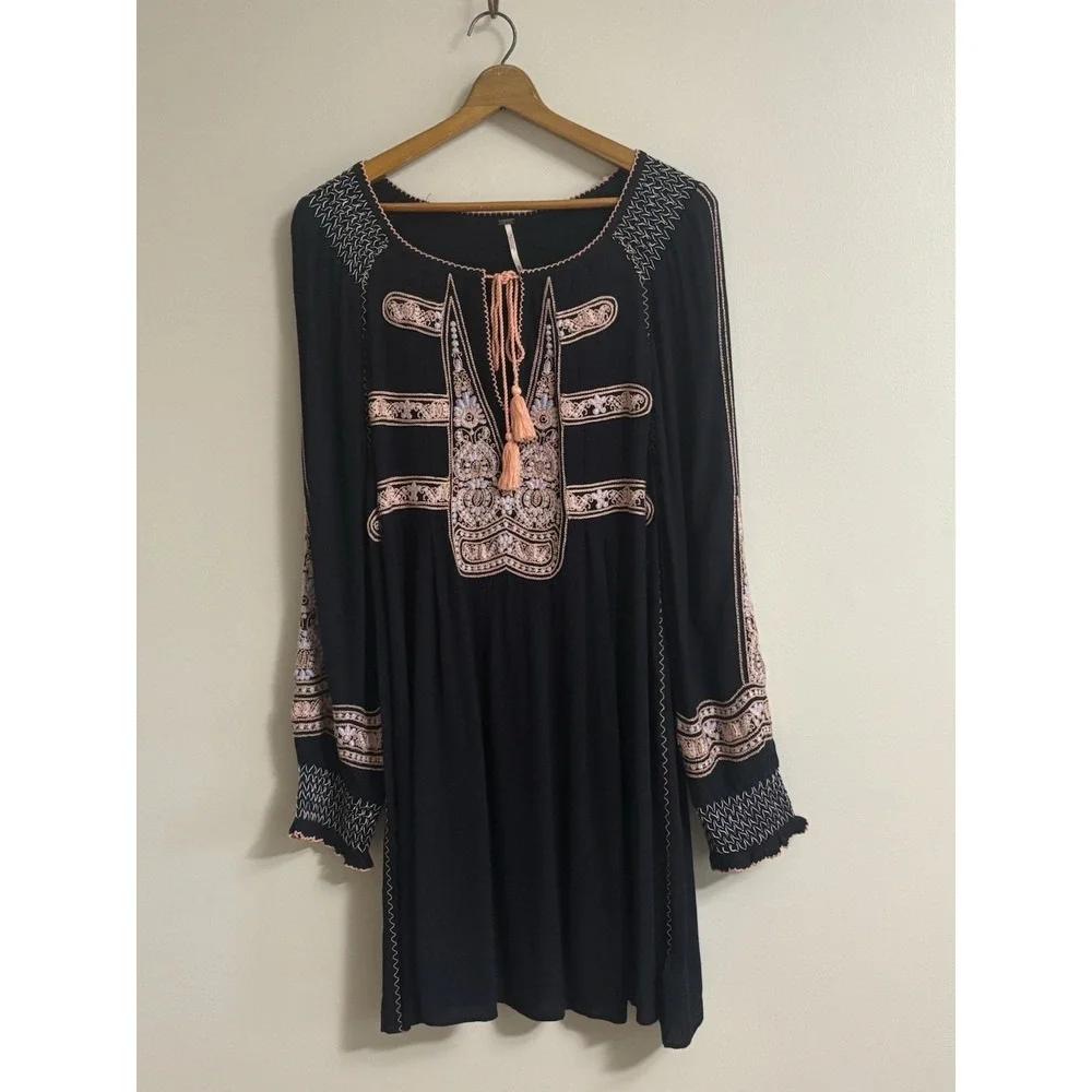 Free People Blue Boho Wind Willow Embroidered Swing Tunic Dress Size M
